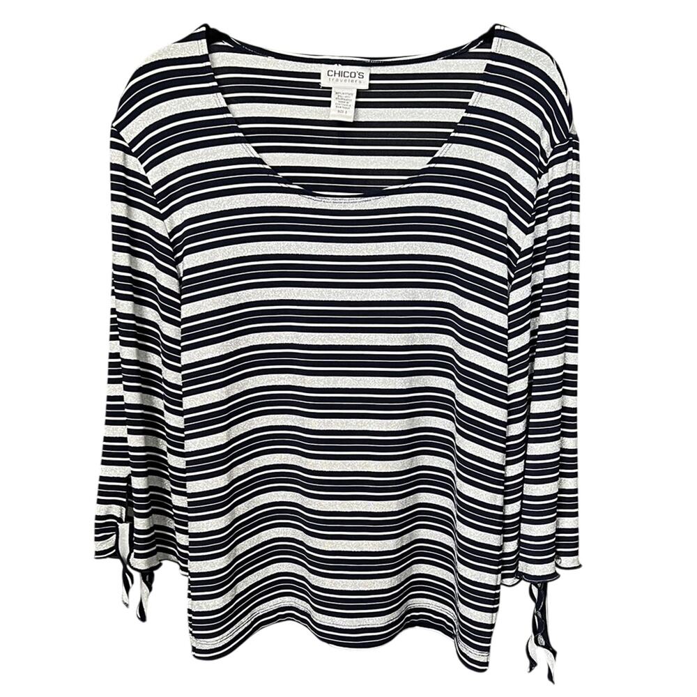 Chico’s Travelers Metallic Silver Black Stripe Tie Sleeve Top Chico's Size 2 M/L